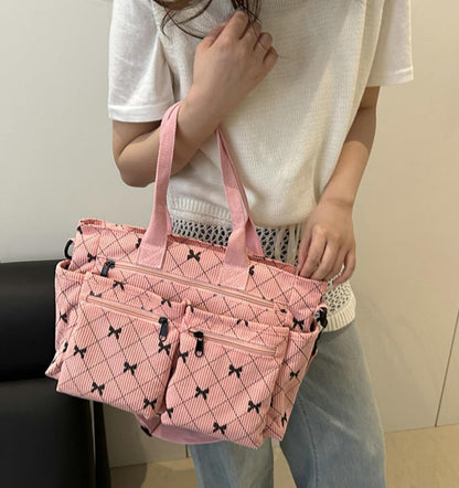 Corduroy Tote Handbag Women Multi-pocket Bow Print Shoulder Crossbody Bag Commuter Daily Bag