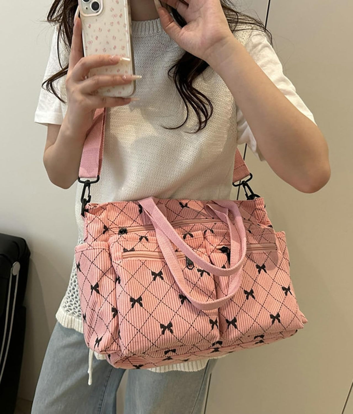 Corduroy Tote Handbag Women Multi-pocket Bow Print Shoulder Crossbody Bag Commuter Daily Bag