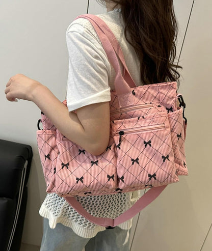 Corduroy Tote Handbag Women Multi-pocket Bow Print Shoulder Crossbody Bag Commuter Daily Bag