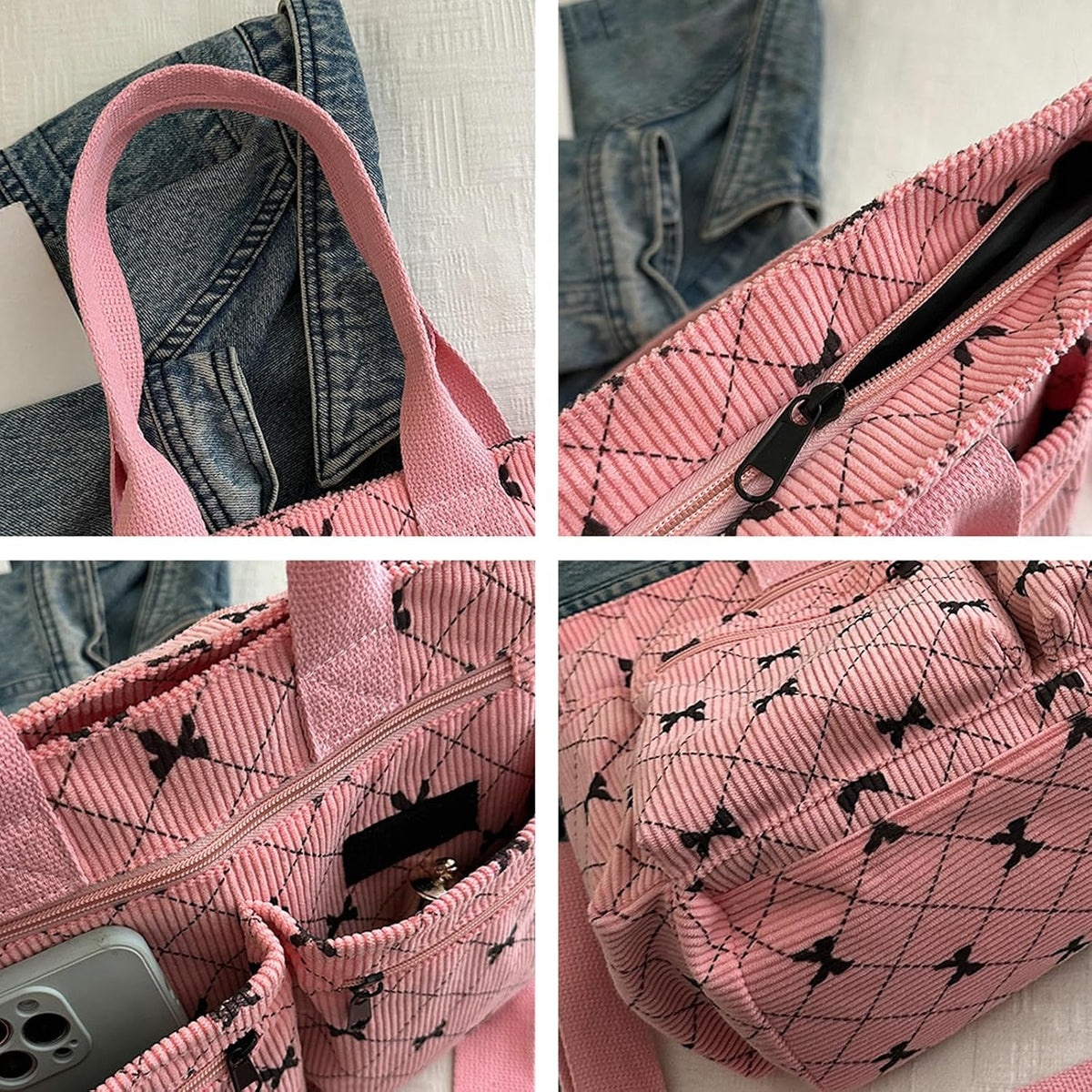 Corduroy Tote Handbag Women Multi-pocket Bow Print Shoulder Crossbody Bag Commuter Daily Bag