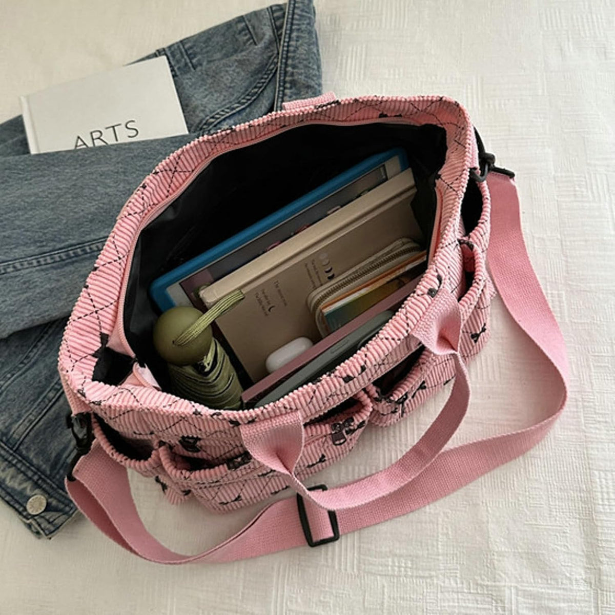 Corduroy Tote Handbag Women Multi-pocket Bow Print Shoulder Crossbody Bag Commuter Daily Bag