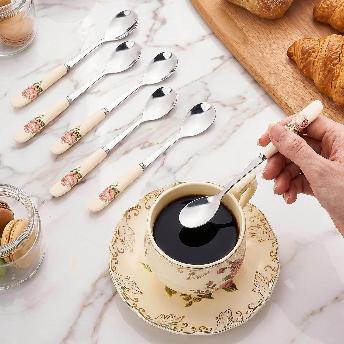 6 Pcs Teaspoons, 6 Inch Pink Rose Tea Spoons