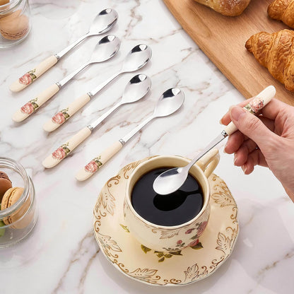 6 Pcs Teaspoons, 6 Inch Pink Rose Tea Spoons