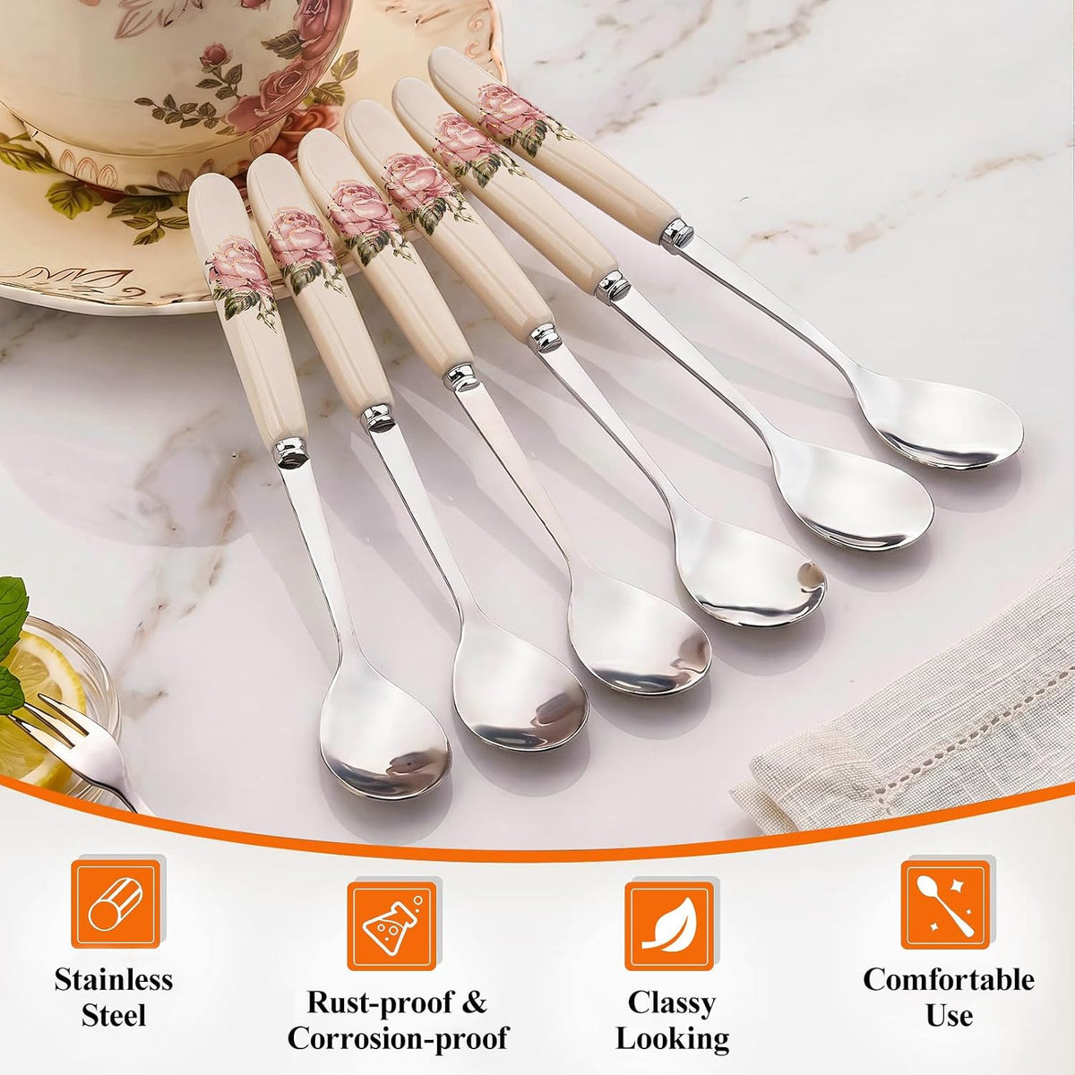 6 Pcs Teaspoons, 6 Inch Pink Rose Tea Spoons