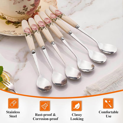6 Pcs Teaspoons, 6 Inch Pink Rose Tea Spoons
