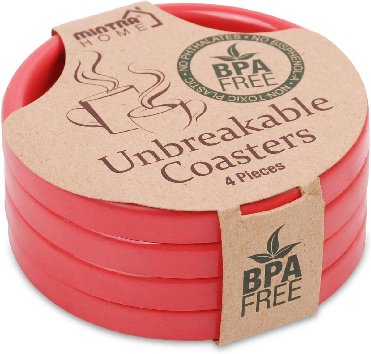 Home Durable Plastic Coasters 4pk (Pink) - 09055 - for Drinks, Coffee, Water - Drink Cup Holder for Kitchen, Home, Table Protection (Protect Furniture from Water Marks & Damage)