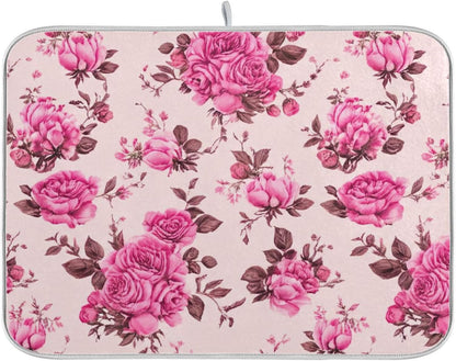 Quick Drying Dish Drying Mats for Kitchen Counter, Pink Floral Roses Peonies Light Pink Absorbent Drying Pad, Reversible Dish Drainer Mat Kitchen Accessories, 16 x 18 Inch