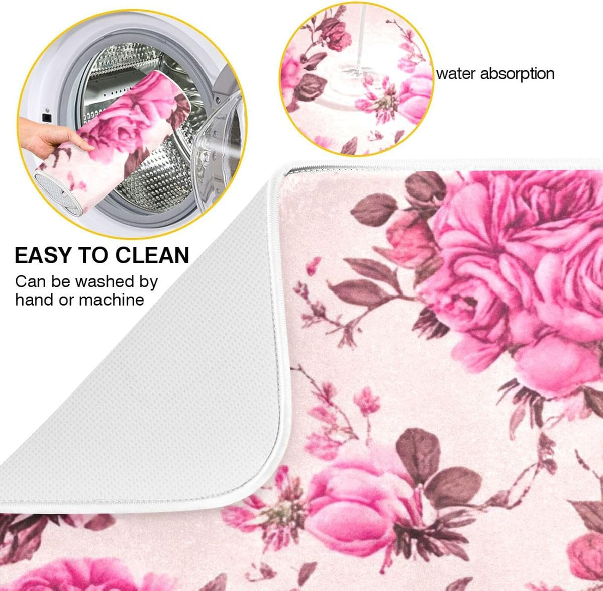 Quick Drying Dish Drying Mats for Kitchen Counter, Pink Floral Roses Peonies Light Pink Absorbent Drying Pad, Reversible Dish Drainer Mat Kitchen Accessories, 16 x 18 Inch