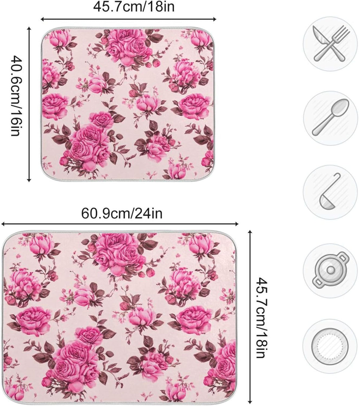 Quick Drying Dish Drying Mats for Kitchen Counter, Pink Floral Roses Peonies Light Pink Absorbent Drying Pad, Reversible Dish Drainer Mat Kitchen Accessories, 16 x 18 Inch