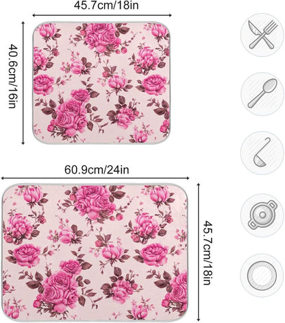 Quick Drying Dish Drying Mats for Kitchen Counter, Pink Floral Roses Peonies Light Pink Absorbent Drying Pad, Reversible Dish Drainer Mat Kitchen Accessories, 16 x 18 Inch