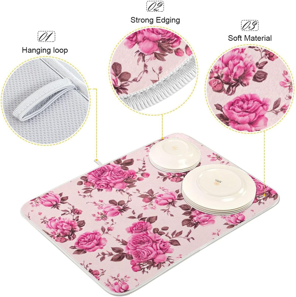 Quick Drying Dish Drying Mats for Kitchen Counter, Pink Floral Roses Peonies Light Pink Absorbent Drying Pad, Reversible Dish Drainer Mat Kitchen Accessories, 16 x 18 Inch