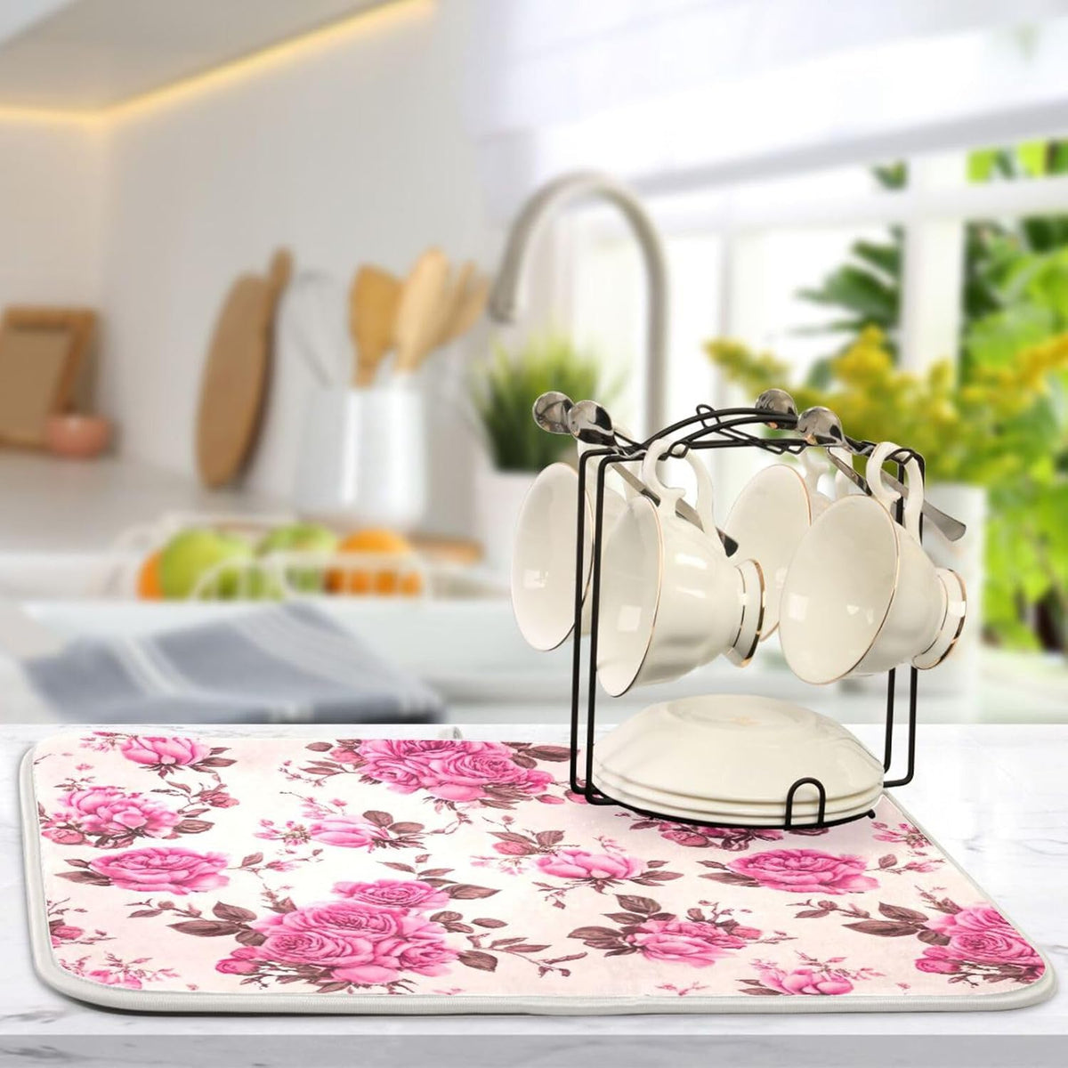 Quick Drying Dish Drying Mats for Kitchen Counter, Pink Floral Roses Peonies Light Pink Absorbent Drying Pad, Reversible Dish Drainer Mat Kitchen Accessories, 16 x 18 Inch