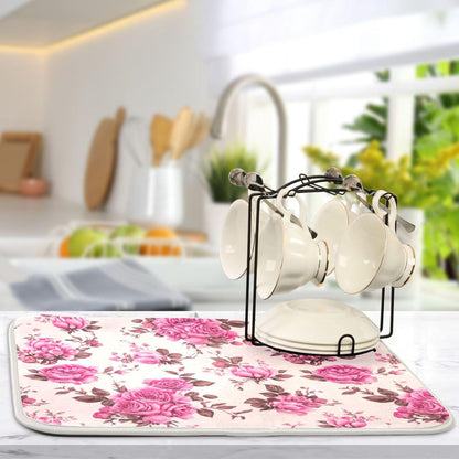 Quick Drying Dish Drying Mats for Kitchen Counter, Pink Floral Roses Peonies Light Pink Absorbent Drying Pad, Reversible Dish Drainer Mat Kitchen Accessories, 16 x 18 Inch
