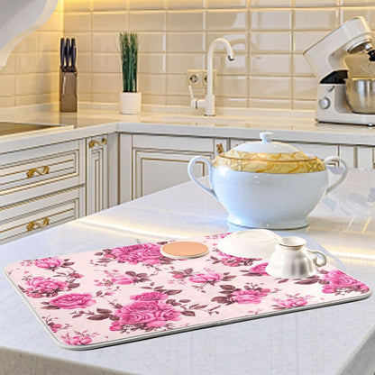 Quick Drying Dish Drying Mats for Kitchen Counter, Pink Floral Roses Peonies Light Pink Absorbent Drying Pad, Reversible Dish Drainer Mat Kitchen Accessories, 16 x 18 Inch