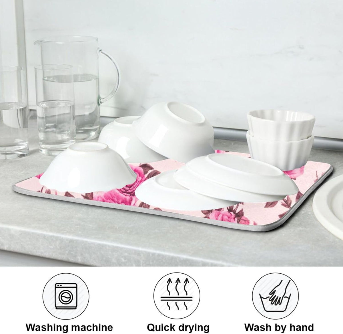 Quick Drying Dish Drying Mats for Kitchen Counter, Pink Floral Roses Peonies Light Pink Absorbent Drying Pad, Reversible Dish Drainer Mat Kitchen Accessories, 16 x 18 Inch