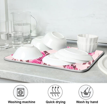 Quick Drying Dish Drying Mats for Kitchen Counter, Pink Floral Roses Peonies Light Pink Absorbent Drying Pad, Reversible Dish Drainer Mat Kitchen Accessories, 16 x 18 Inch