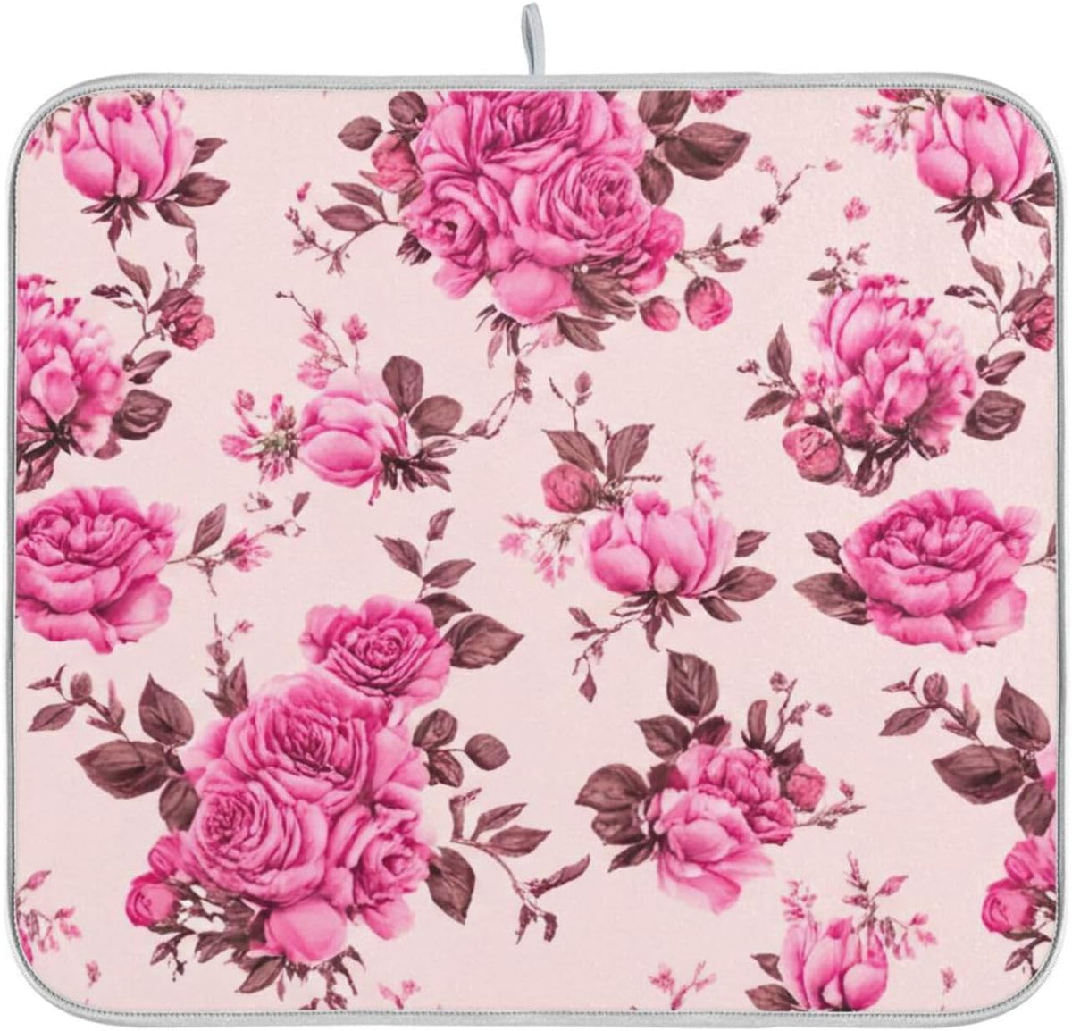 Quick Drying Dish Drying Mats for Kitchen Counter, Pink Floral Roses Peonies Light Pink Absorbent Drying Pad, Reversible Dish Drainer Mat Kitchen Accessories, 16 x 18 Inch
