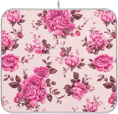 Quick Drying Dish Drying Mats for Kitchen Counter, Pink Floral Roses Peonies Light Pink Absorbent Drying Pad, Reversible Dish Drainer Mat Kitchen Accessories, 16 x 18 Inch