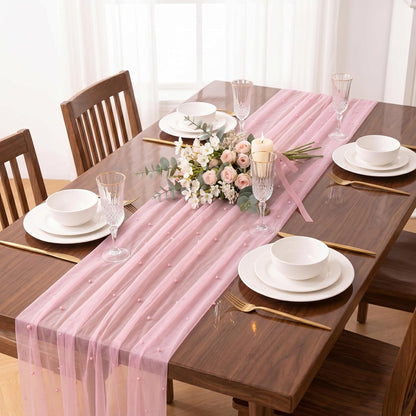 Pink Pearl Tulle Table Runner 10FT Gauze Wedding Bridal Shower
