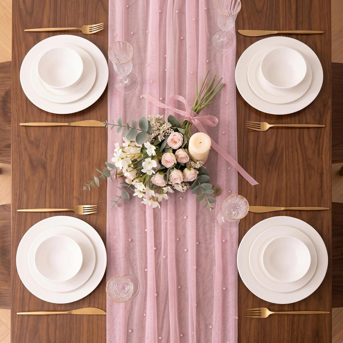 Pink Pearl Tulle Table Runner 10FT Gauze Wedding Bridal Shower