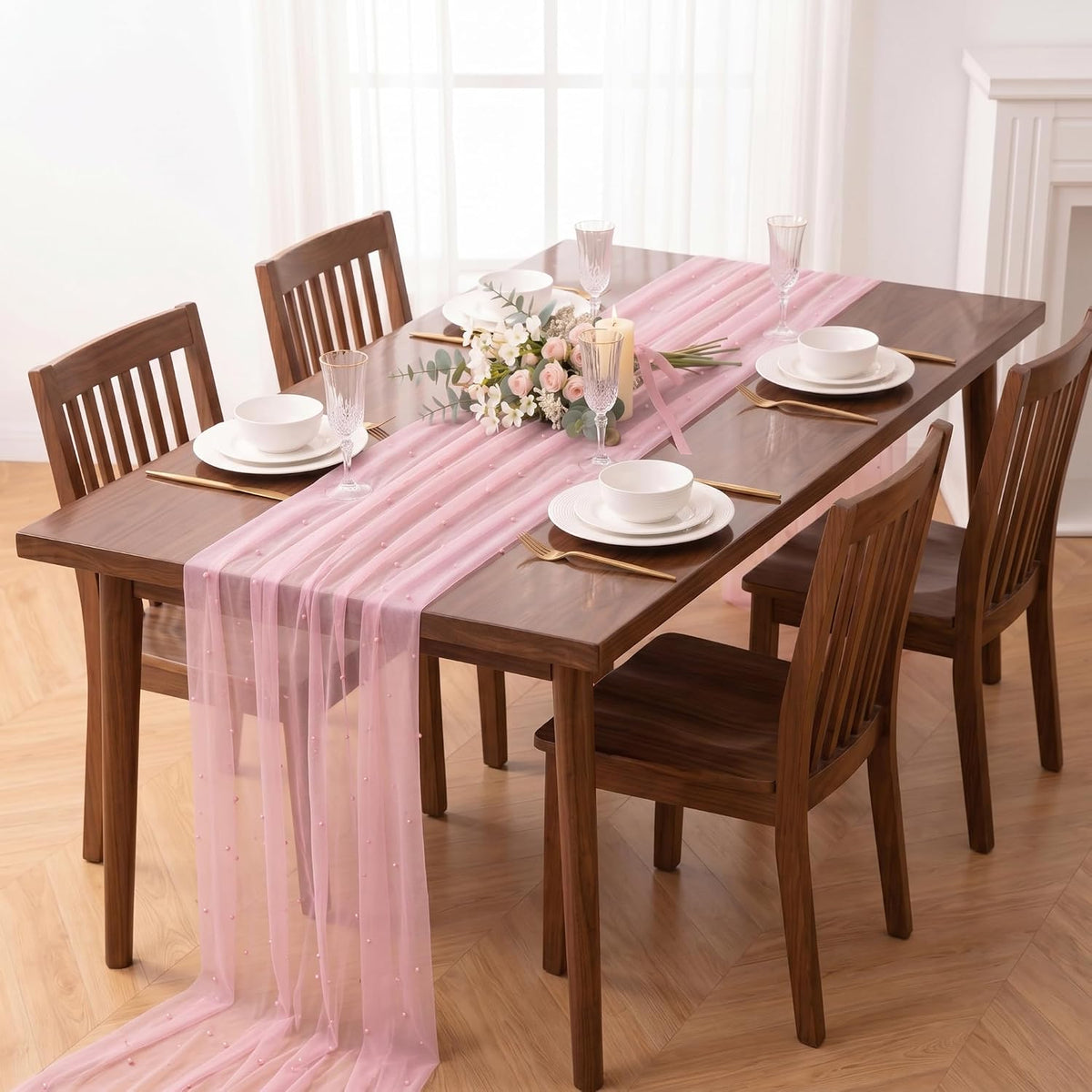 Pink Pearl Tulle Table Runner 10FT Gauze Wedding Bridal Shower