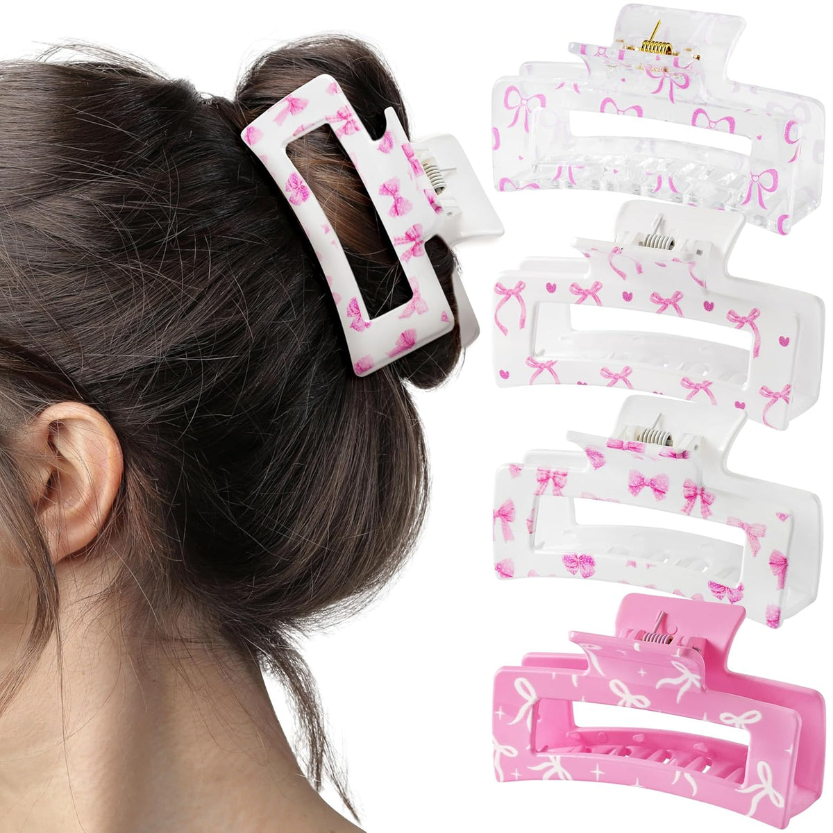 4Pcs Coquette Pink Bow Hair Claw Clips for Women Girls - Cute Bow Preppy Trendy Rectangle Nonslip Banana Hair Clips, Thin Thick Short Long Curly Accessories, Birthday Bachelorette Wedding Gift