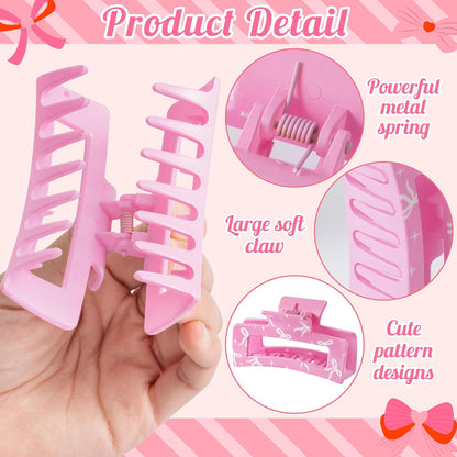 4Pcs Coquette Pink Bow Hair Claw Clips for Women Girls - Cute Bow Preppy Trendy Rectangle Nonslip Banana Hair Clips, Thin Thick Short Long Curly Accessories, Birthday Bachelorette Wedding Gift