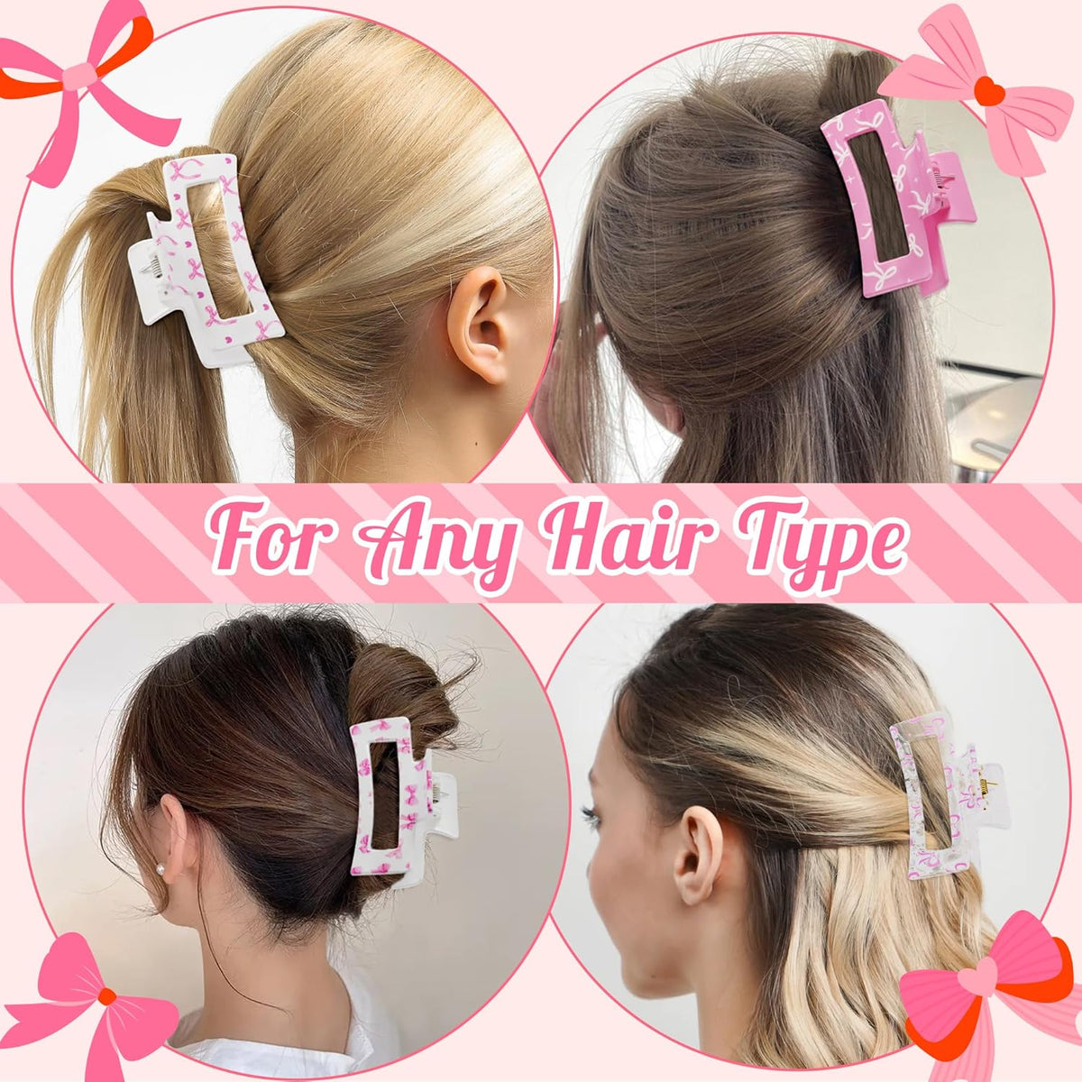 4Pcs Coquette Pink Bow Hair Claw Clips for Women Girls - Cute Bow Preppy Trendy Rectangle Nonslip Banana Hair Clips, Thin Thick Short Long Curly Accessories, Birthday Bachelorette Wedding Gift