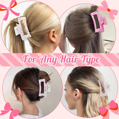 4Pcs Coquette Pink Bow Hair Claw Clips for Women Girls - Cute Bow Preppy Trendy Rectangle Nonslip Banana Hair Clips, Thin Thick Short Long Curly Accessories, Birthday Bachelorette Wedding Gift