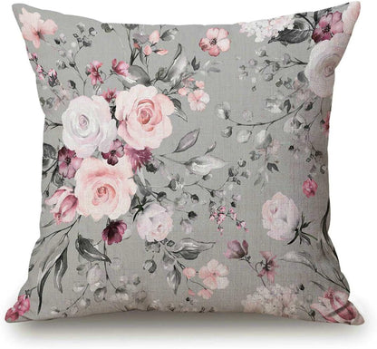 Floral Farmhouse Decor Family Decoration Gray and Pink Flowers Cotton Linen Home Decorative Throw Pillow Case Cushion Cover for Sofa Couch, 18 x 18 in