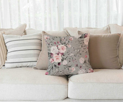 Floral Farmhouse Decor Family Decoration Gray and Pink Flowers Cotton Linen Home Decorative Throw Pillow Case Cushion Cover for Sofa Couch, 18 x 18 in