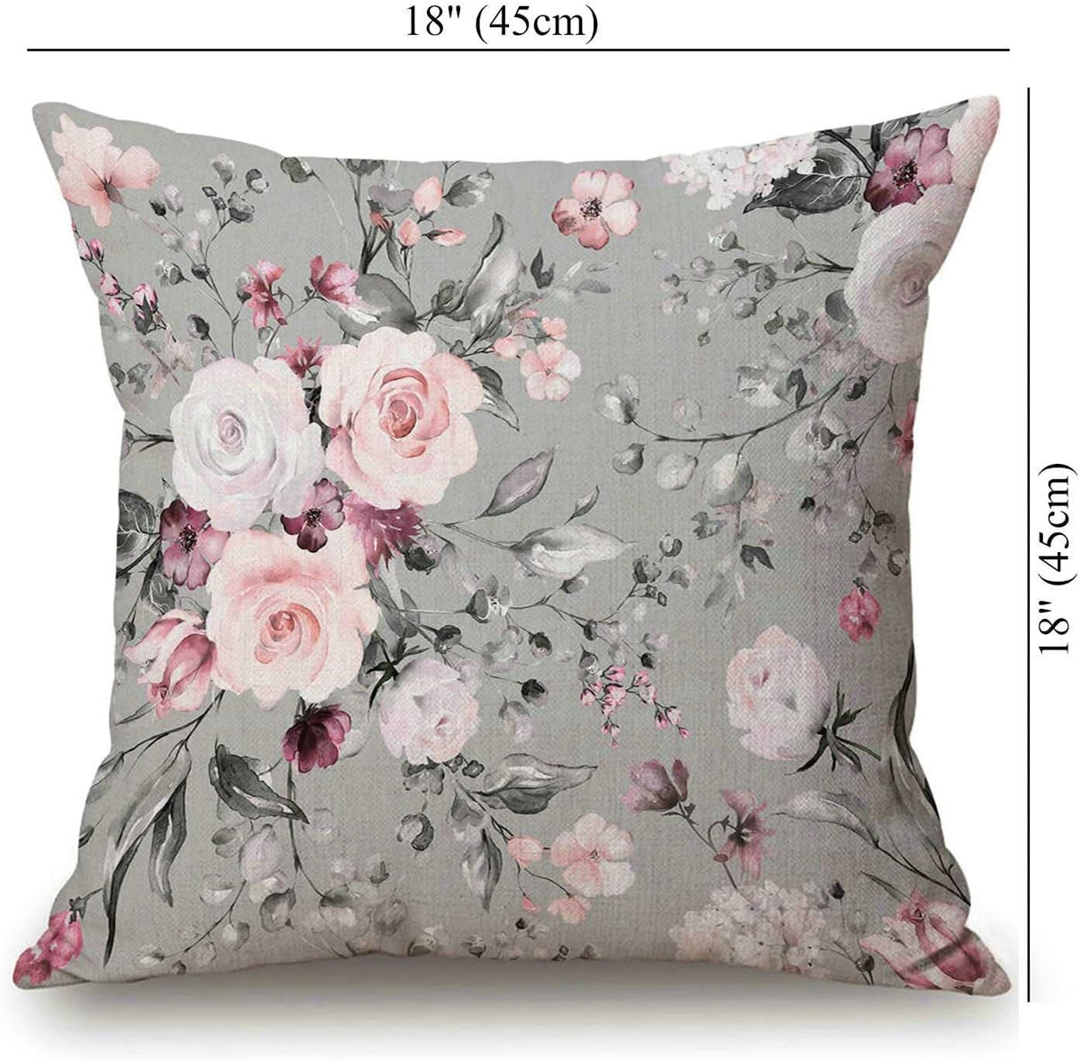 Floral Farmhouse Decor Family Decoration Gray and Pink Flowers Cotton Linen Home Decorative Throw Pillow Case Cushion Cover for Sofa Couch, 18 x 18 in
