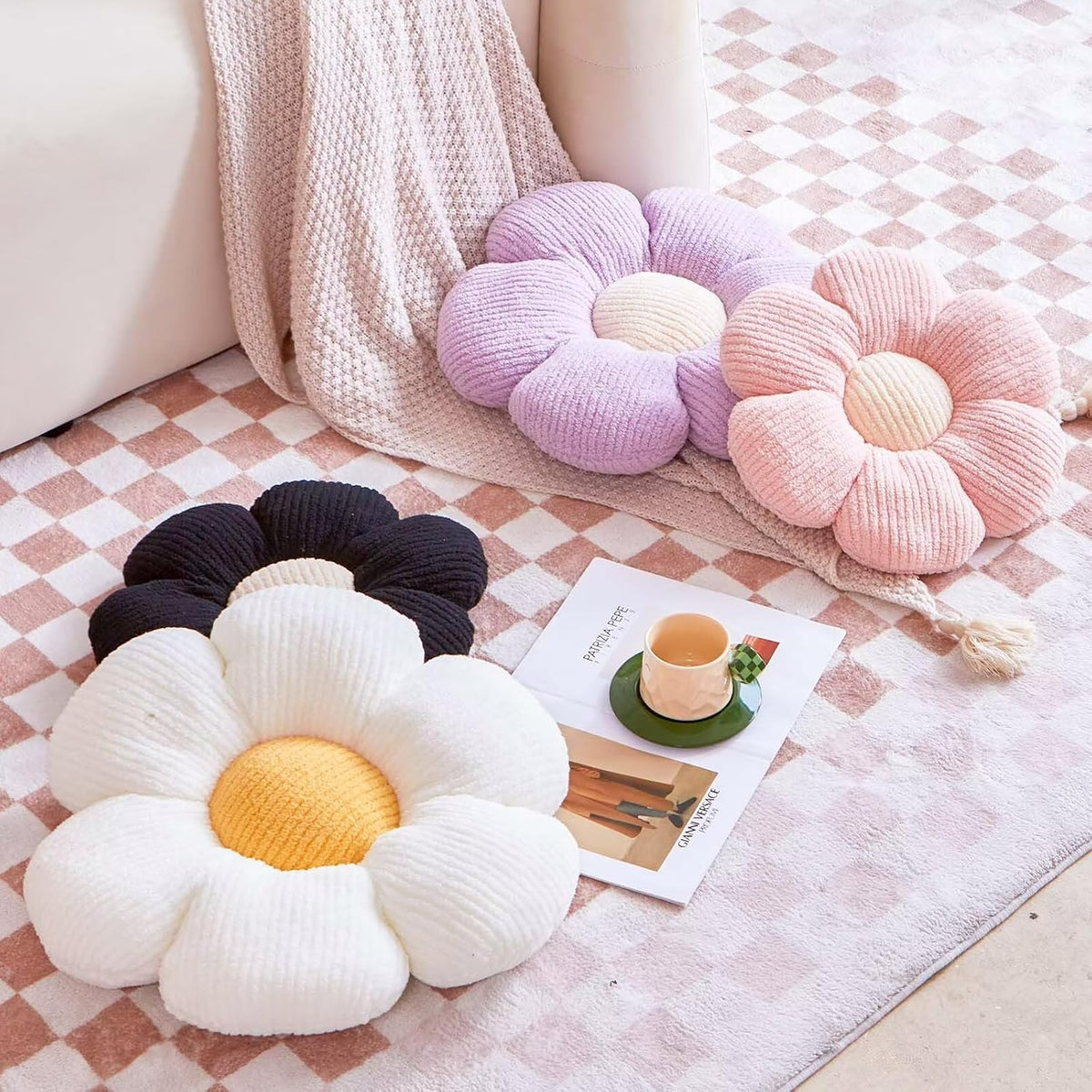 Flower Pillow, Peach Pink Flower Decorative Throw Pillows for Bed Couch, Aesthetic Home Decor Cute 19.6" Daisy Floral Shaped Plush Pillow Floor Seat Cushion