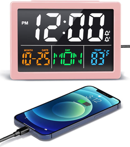 Digital Clock with Date Day for Seniors, Electric Alarm Clocks for Bedrooms with Temperature, 2 Alarms, Dimmer, Dual USB Charger, Battery Backup, Volume Control, Snooze, Bedside Desk Clock, Pink