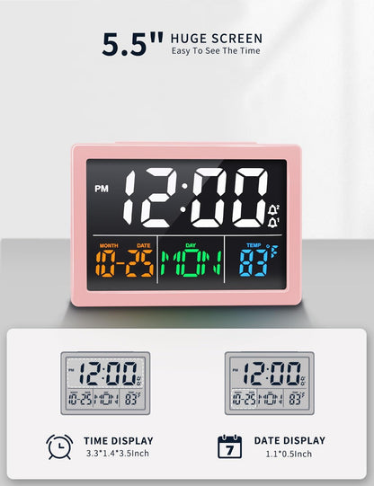 Digital Clock with Date Day for Seniors, Electric Alarm Clocks for Bedrooms with Temperature, 2 Alarms, Dimmer, Dual USB Charger, Battery Backup, Volume Control, Snooze, Bedside Desk Clock, Pink