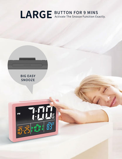 Digital Clock with Date Day for Seniors, Electric Alarm Clocks for Bedrooms with Temperature, 2 Alarms, Dimmer, Dual USB Charger, Battery Backup, Volume Control, Snooze, Bedside Desk Clock, Pink