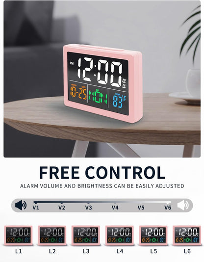 Digital Clock with Date Day for Seniors, Electric Alarm Clocks for Bedrooms with Temperature, 2 Alarms, Dimmer, Dual USB Charger, Battery Backup, Volume Control, Snooze, Bedside Desk Clock, Pink