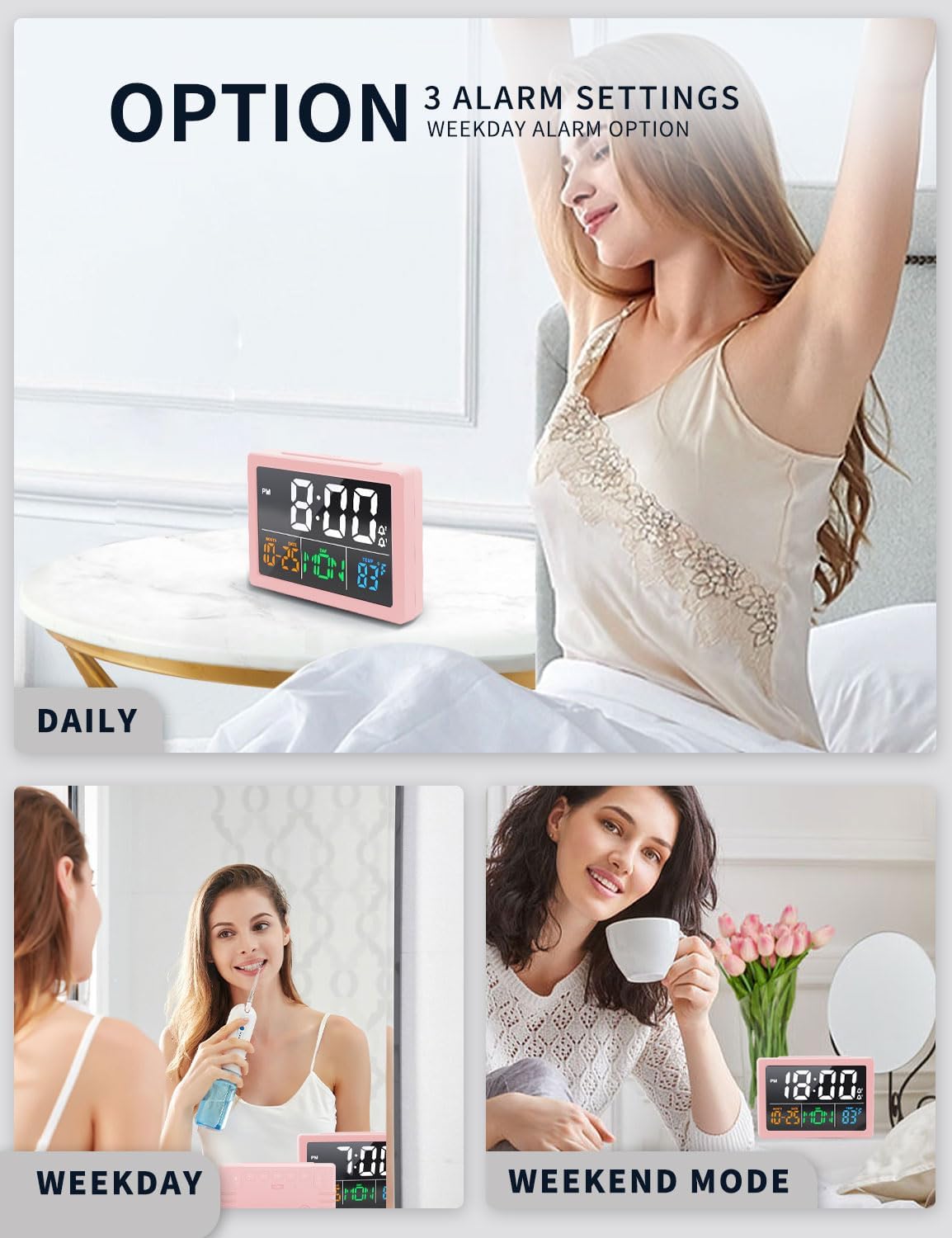 Digital Clock with Date Day for Seniors, Electric Alarm Clocks for Bedrooms with Temperature, 2 Alarms, Dimmer, Dual USB Charger, Battery Backup, Volume Control, Snooze, Bedside Desk Clock, Pink