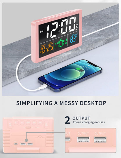 Digital Clock with Date Day for Seniors, Electric Alarm Clocks for Bedrooms with Temperature, 2 Alarms, Dimmer, Dual USB Charger, Battery Backup, Volume Control, Snooze, Bedside Desk Clock, Pink