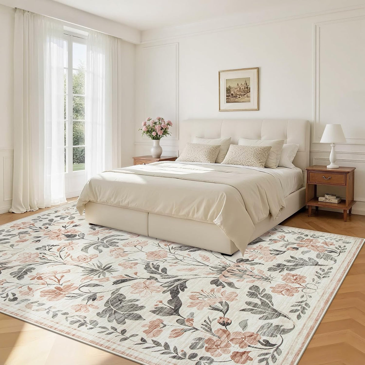 6x9 Area Rugs Boho Floral Washable Living Room Rug Neutral Carpet Nursery
