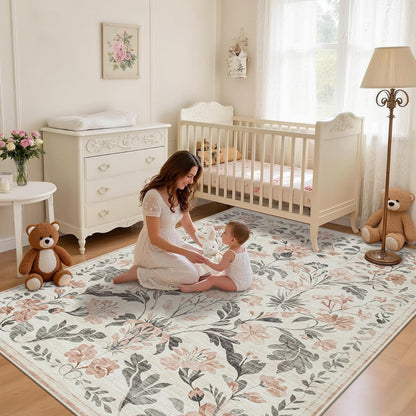 6x9 Area Rugs Boho Floral Washable Living Room Rug Neutral Carpet Nursery