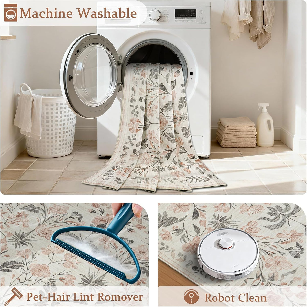6x9 Area Rugs Boho Floral Washable Living Room Rug Neutral Carpet Nursery