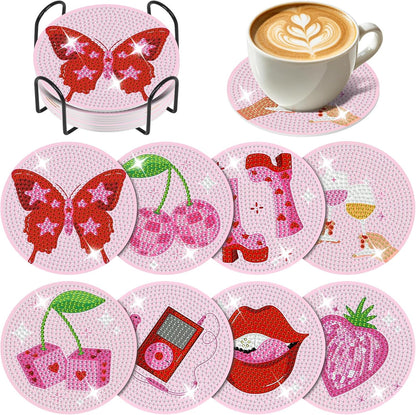 8 Pack Pink Disco Diamond Art Coasters Kit with Holder, 4x4 Inch
