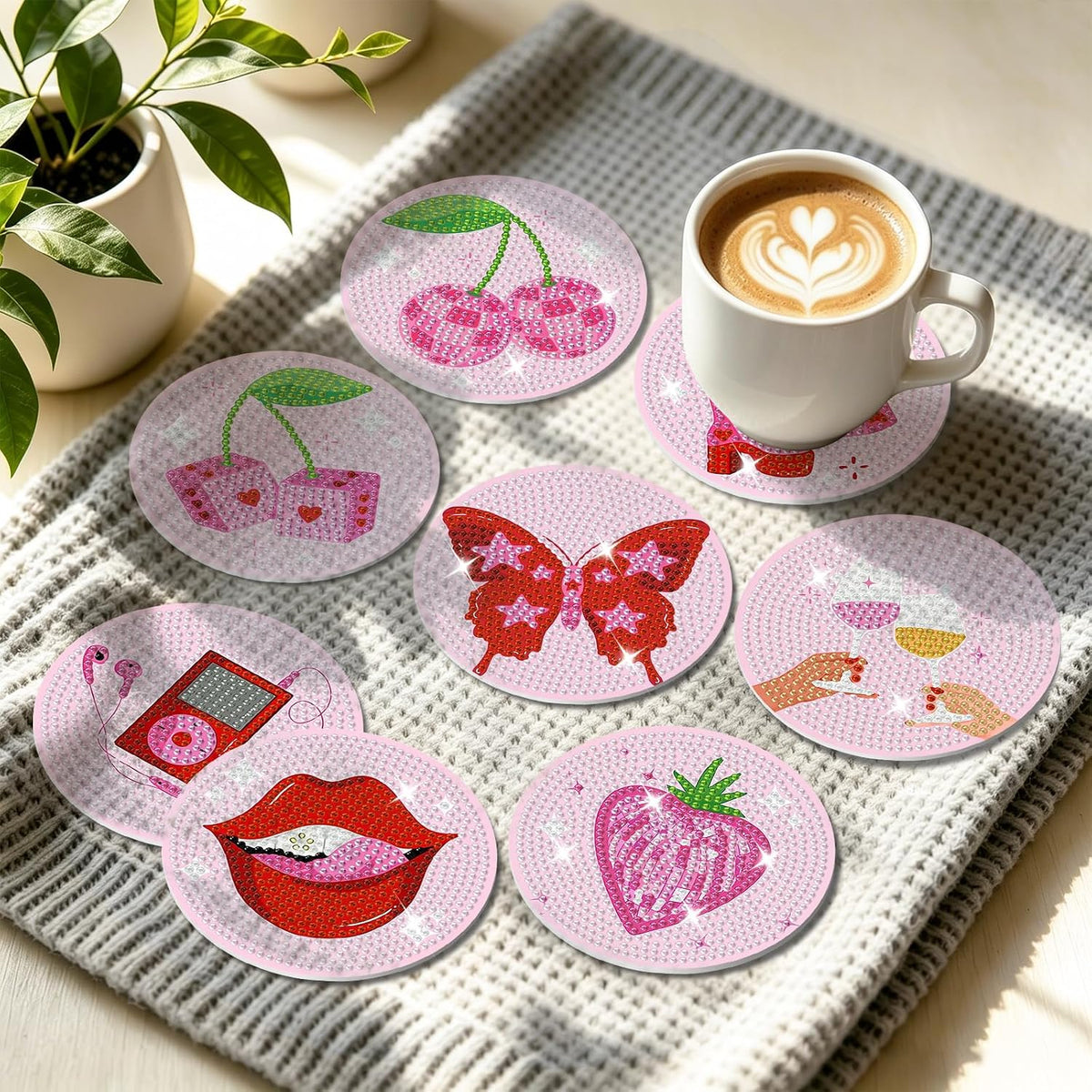 8 Pack Pink Disco Diamond Art Coasters Kit with Holder, 4x4 Inch