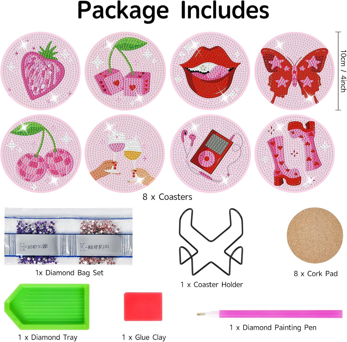 8 Pack Pink Disco Diamond Art Coasters Kit with Holder, 4x4 Inch