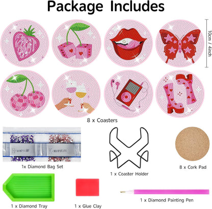 8 Pack Pink Disco Diamond Art Coasters Kit with Holder, 4x4 Inch