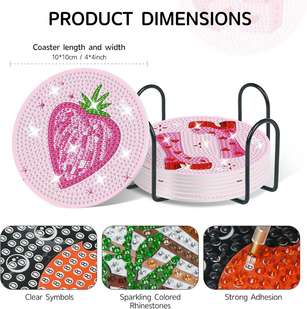 8 Pack Pink Disco Diamond Art Coasters Kit with Holder, 4x4 Inch
