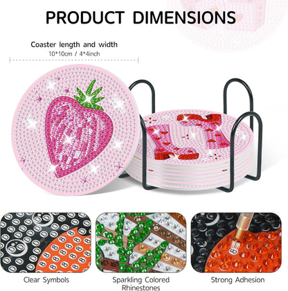8 Pack Pink Disco Diamond Art Coasters Kit with Holder, 4x4 Inch