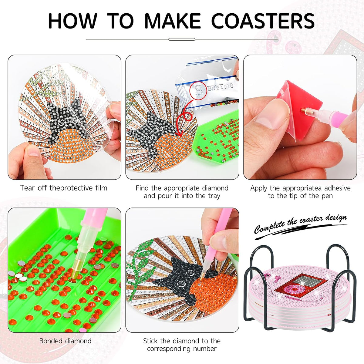 8 Pack Pink Disco Diamond Art Coasters Kit with Holder, 4x4 Inch