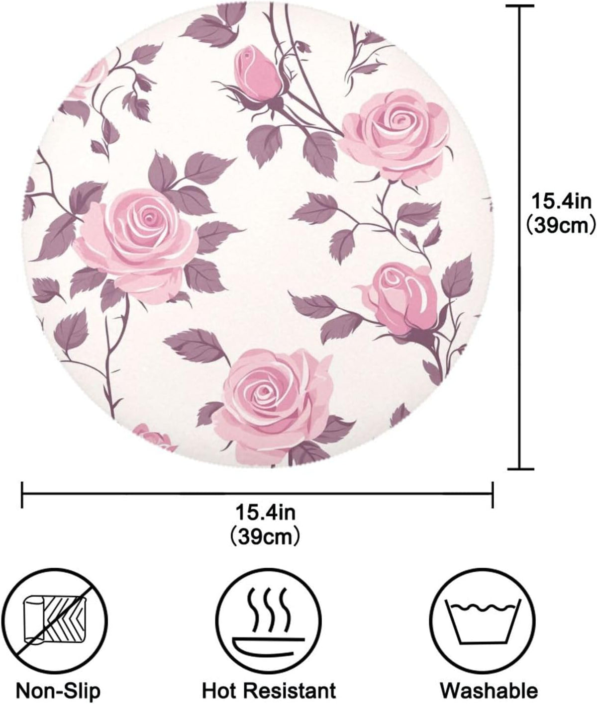Floral Pattern Rose Peach Round Table placemat Reversible Quilted placemat Plastic placemats for Dining Table placemats Waterproof Xmas placemats Set of 6 15.4x15.4in